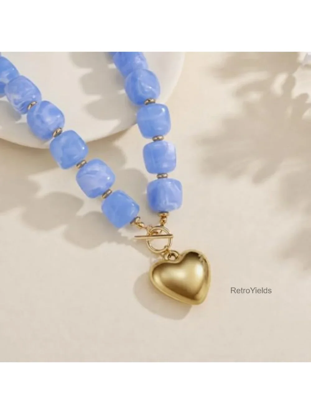 Chunky Heart Pendant Necklace 14K Gold Plated Resin Beaded Toggle Clasp Women